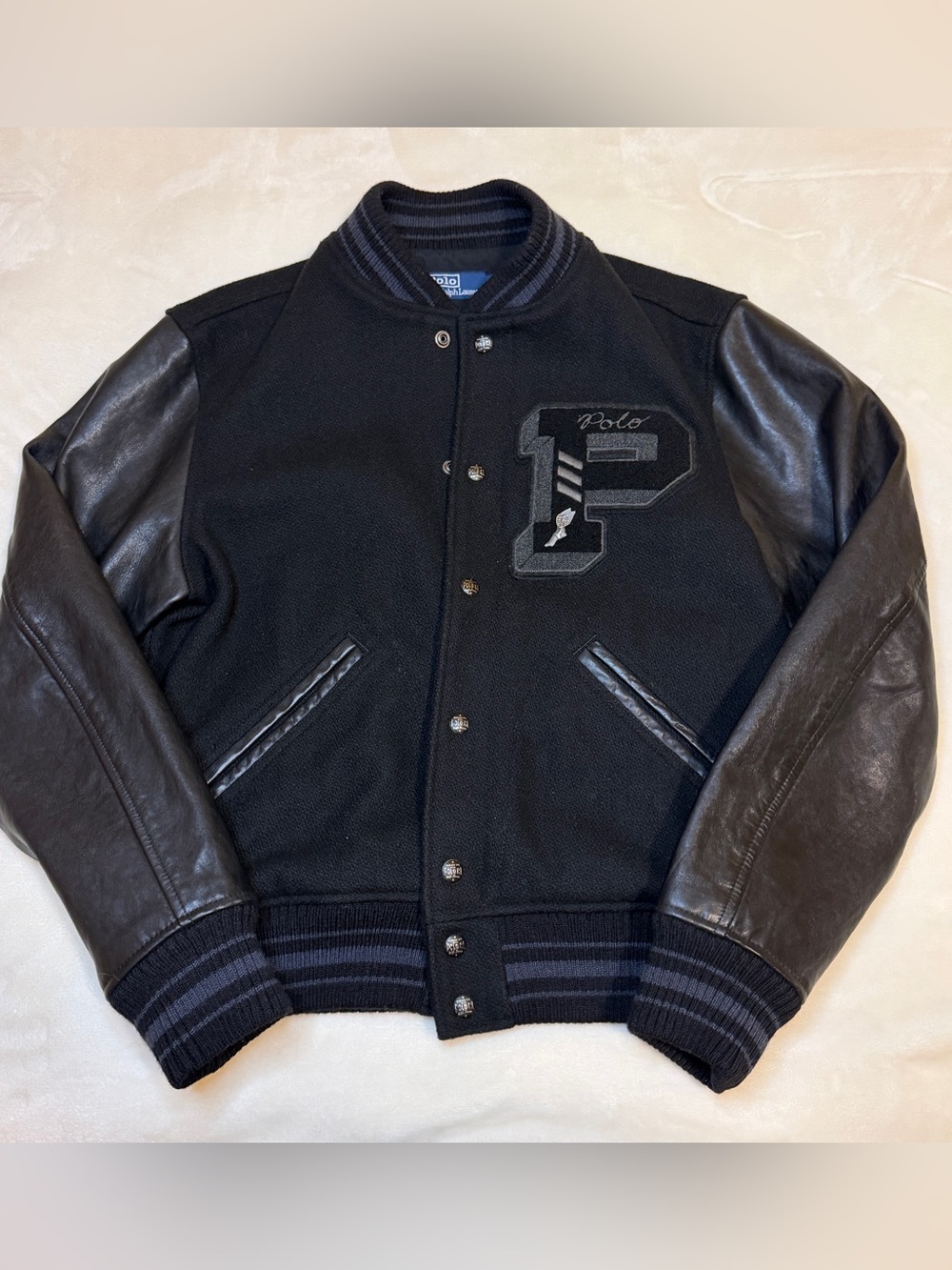 Polo Ralph Lauren Black Letterman Varsity Jacket Wool Leather